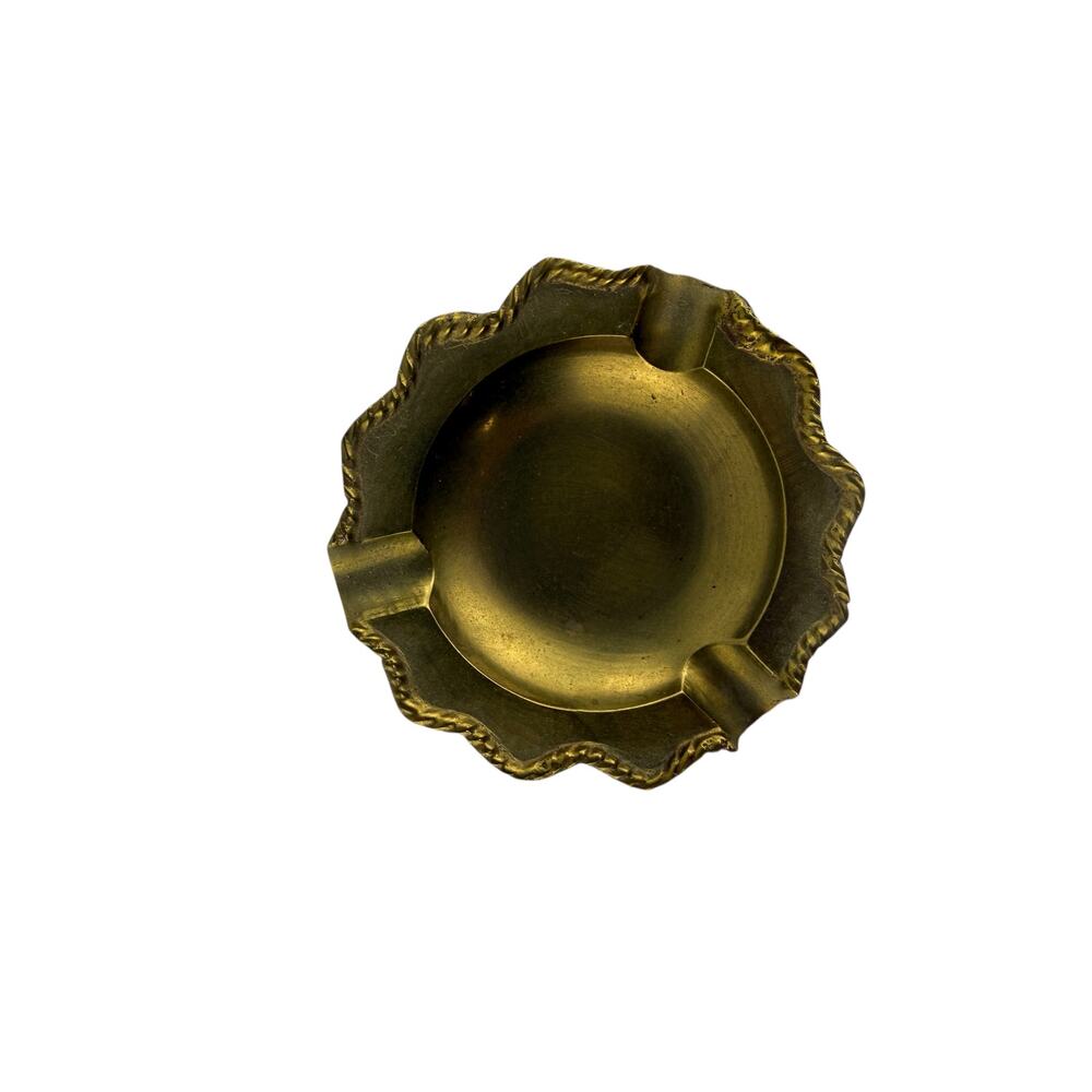 Small Solid Brass Ashtray 3.5" Unmarked, 3 Rests, Scalloped Edge